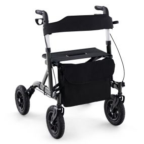Andador plegable para adultos mayores con asiento, ruedas neumáticas 24 cm, carga 160 kg, negro