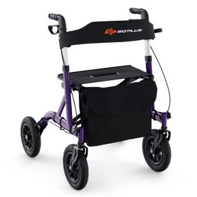 Andador plegable para adultos mayores con asiento, ruedas neumáticas 24 cm, bolsa, 160 kg, púrpura