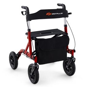 Andador plegable para adultos con asiento, ruedas neumáticas 24 cm, bolsa, carga 160 kg, rojo