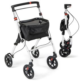Andador Rollator para Personas Mayores Andador Ligero Plegable con Bandeja Cesta de Almacenamiento 4 Ruedas y Frenos Altura Ajustable Blanco