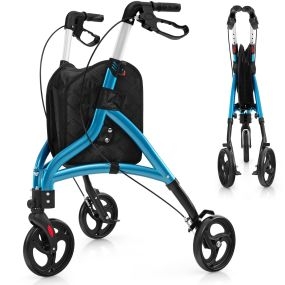 Andador para personas mayores de aluminio ligero con ruedas grandes de 20 cm, altura ajustable y bolsa azul