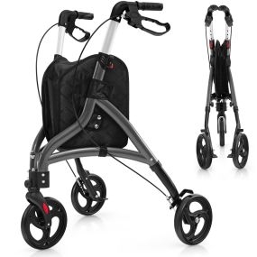 Andador para personas mayores de aluminio ligero con ruedas grandes de 20 cm, altura ajustable y bolsa gris