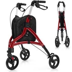 Andador para personas mayores de aluminio ligero con ruedas de 20 cm, altura ajustable y bolsa roja