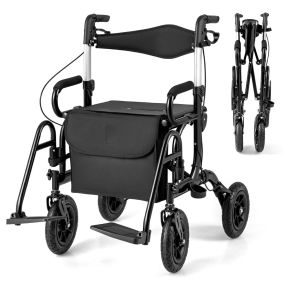 Andador rollator plegable para personas mayores con asiento, altura ajustable y respaldo ergonómico negro