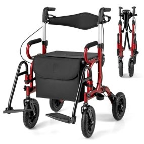 Andador Rollator Plegable para Personas Mayores con Asiento Ajuste de Altura Respaldo Ergonómico-Rojo