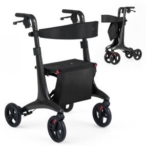 Andador Plegable Ultraligero Mayores Asiento Fibra Carbono Ruedas 20cm Manijas 6 Posiciones Respaldo Ajustable Bolsillo Negro