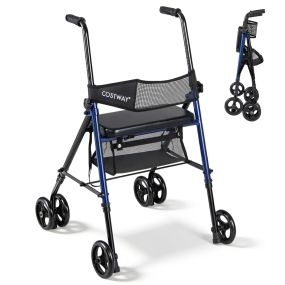 Andador para Ancianos con Asiento Asas Ajustables 8 Niveles Respaldo Malla Bolsa Almacenamiento con Ruedas Negro+Azul