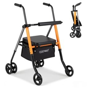 Andador Plegable Ligero para Mayores con Asiento Acolchado Respaldo Altura Ajustable Carga 136kg Bolsa Ruedas Negro+Naranja