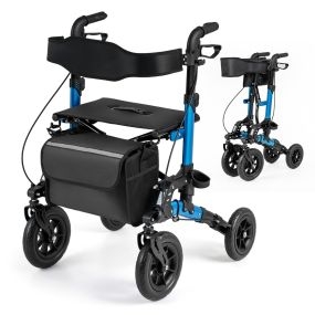 Andador Plegable con Ruedas para Mayores Asiento Respaldo Malla Suspensión Muelles Soporte Bastón Bolsa 4 Ruedas Negro+Azul