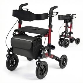 Andador Plegable con Ruedas para Mayores Asiento Respaldo Malla Suspensión Muelles Soporte Bastón Bolsa 4 Ruedas Negro+Rojo