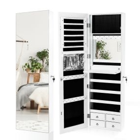 Armario para Joyas con Espejo de Cuerpo Entero Led Montado a La Pared o Puerta Organizador Joyero Multiuso Blanco 37 x 12 x 120 cm