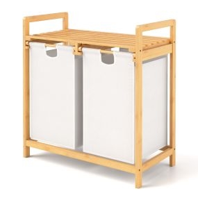 Cesta de ropa sucia de bambú con doble compartimento y bolsas removibles 64 x 33 x 73 cm blanco