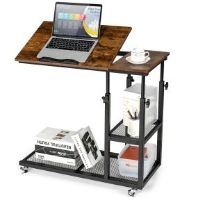 Mesita Lateral Móvil Forma de C Altura Regulable para Ordenador Superficie Inclinable Industrial de Sofá Salón Dormitorio Café