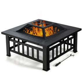 Mesa brasero de exterior 81 cm cuadrada de madera 3 en 1 para leña y barbacoa negra
