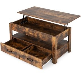 Mesa de Centro con Tablero Elevable con Compartimento Estante de Almacenamiento y 2 Cajones Sistema Neumático 106 x 74 x 61 cm Marrón