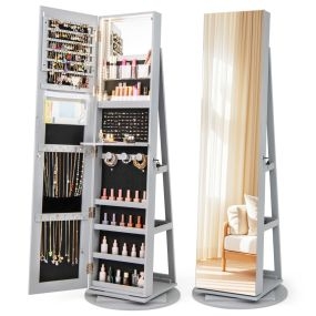 Armario Joyero Giratorio 360° con Luces LED Espejo de Cuerpo Entero Estantes de Almacenamiento 54,5 x 161 cm Gris
