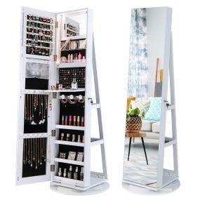 Armario Joyero Giratorio 360°con Luces LED Estantes de Almacenamiento Espejo de Cuerpo Entero 54,5 x 161 cm-Blanco