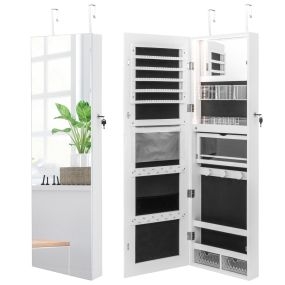 Armario Joyero con Espejo de Cuerpo Entero Organizador de Joyas con Cerradura Luces de 3 Colores Montado en Pared y Puerta 120x37cm Blanco