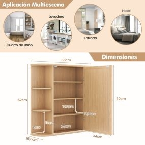 Armario de baño con espejo de madera montado en pared 65 x 17 x 64 cm natural