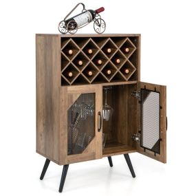 Armario Industrial para Vinos Aparador de Cocina con Soporte para Botellas Extraíble y Portavasos 2 Puertas de Malla para Comedor Salón