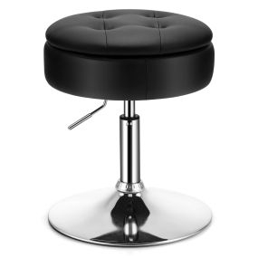 Taburete de tocador giratorio con almacenamiento, cuero PU, altura ajustable, negro