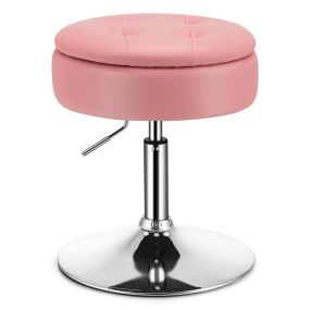 Taburete de tocador giratorio con almacenamiento, cuero PU, altura ajustable, rosa