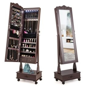 Armario Para Joyas Organizador con Cerradura y 3 Posiciones Ajustables 4 Ruedas y Espejo de Cuerpo 45 x 35 x 157 cm Marrón