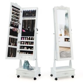 Armario Para Joyas Organizador con Cerradura y 3 Posiciones Ajustables 4 Ruedas y Espejo de Cuerpo 45 x 35 x 157 cm Blanco