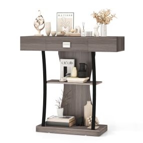 Mesa de Consola en Forma de T con Cajón y Estantes Mesa de Recibidor Moderna 91 x 30 x 88 cm-Gris