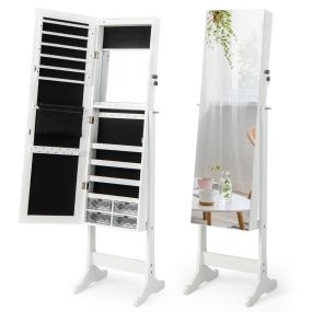 Armario para Joyas de Pie con Espejo de Cuerpo Entero Joyero con Cerradura Cajones Luz LED Organizador Almacenamiento para Joyas Blanco