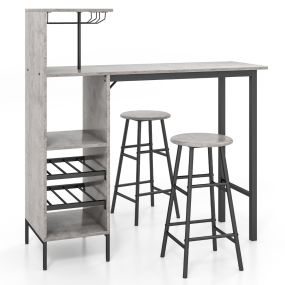 Juego de 3 Piezas Mesa y Sillas de Bar Mesa y Taburetes Industriales con Soportes para Copas Estantes para Comedor Cocina Gris