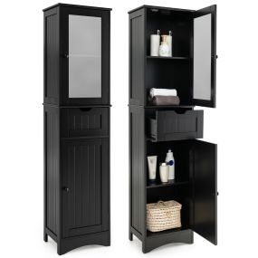 Armario alto de baño con 2 puertas, 1 cajón, estantes ajustables y vidrio esmerilado negro 40 x 30 x 170 cm