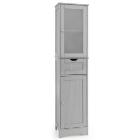 Armario alto de baño con 2 puertas, 1 cajón, estantes ajustables y vidrio esmerilado gris 40 x 30 x 170 cm