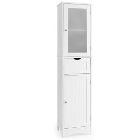 Armario alto de baño con 2 puertas, 1 cajón, estantes ajustables y vidrio esmerilado 40 x 30 x 170 cm blanco