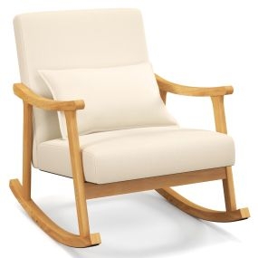 Silla mecedora tapizada con almohada lumbar, respaldo y asiento acolchados, madera de caucho natural, beige