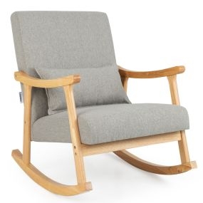 Silla Mecedora Tapizada Silla Mecedora con Almohada Lumbar Respaldo y Asiento Acolchados Estructura de Madera de Caucho Natural Gris