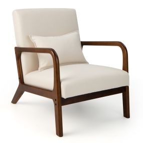 Silla Decorativa Moderna con Estructura de Madera de Caucho Almohada Lumbar Almohadillas de Fieltro Antideslizantes para Oficina Beige