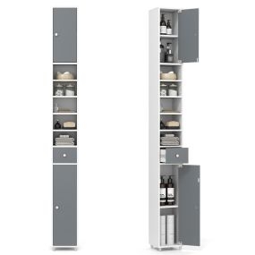 Armario de baño alto estrecho con 2 puertas, 1 cajón y 5 estantes ajustables 20x20x180 cm gris y blanco