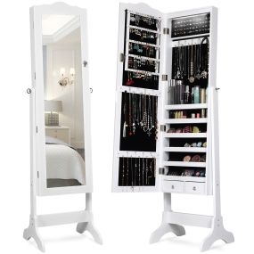 Armario Joyero con 14 Luces LED y 2 Cajones Regulable en 4 Ángulos Ideal para Dormitorio Blanco 41,5 x 37 x 160 cm