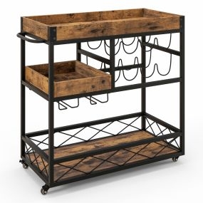 Carrito de servicio de bar rodante 3 niveles con bandeja desmontable y porta vino 80x40x83 cm marrón