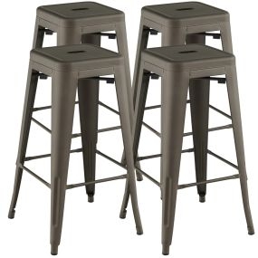 Juego de 4 taburetes apilables de metal gris con almohadillas de goma y orificio de agarre 41 x 41 x 76 cm