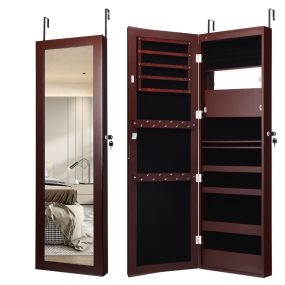 Armario Joyero con Espejo de 12 LED Organizador de Joyas Montado en Pared Caja de Joyería 37 x 8,5 x 120 cm Marrón