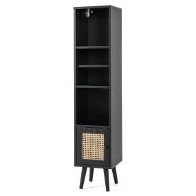 Gabinete de Almacenamiento de Ratán Armario Delgado Independiente con Puerta Estante Ajustable para Sala de Estar 29,5 x 29,5 x 137 cm Negro