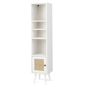 Gabinete de Almacenamiento de Ratán Armario Delgado Independiente con Puerta Estante Ajustable para Sala de Estar 29,5 x 29,5 x 137 cm Blanco