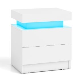 Mesitas de Noche con Luces LED con 2 Cajones de Almacenamiento con Acabado Brillante y Textura de Mármol para Sala de Estar Blanco