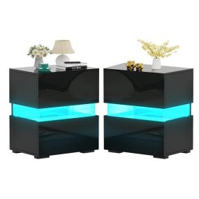 2 Mesita de Noche LED con Cajones Control Remoto 22 Modos Dinámicos Mesilla Auxiliar Moderna para Salón Dormitorio 45 x 35 x 45 cm Negro
