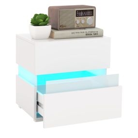 Mesita de Noche LED con Cajones Control Remoto 22 Modos Dinámicos Mesilla Auxiliar Moderna para Salón Dormitorio 45 x 35 x 45 cm Blanco