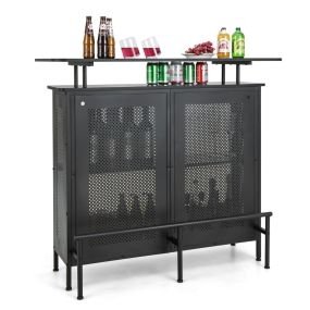 Mesa Alta de Bar Armario de Metal con 2 Estantes para Vino y 6 Soportes para Copas Reposapiés para Bar Cocina Pub 120 x 50 x 106,5 cm Negro