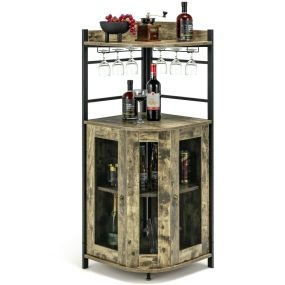 Armario de Barra en Esquina con Portavasos de Vidrio Puertas de Malla Metálica Estante Ajustable Armario de Vino para Cocina Comedor Marrón
