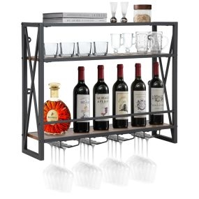 Estante de Vino Industrial de Pared Botellero de Metal 3 Niveles 4 Portavasos Soporte de Botellas para Bar Cocina 80 x 20 x 63 cm Marrón